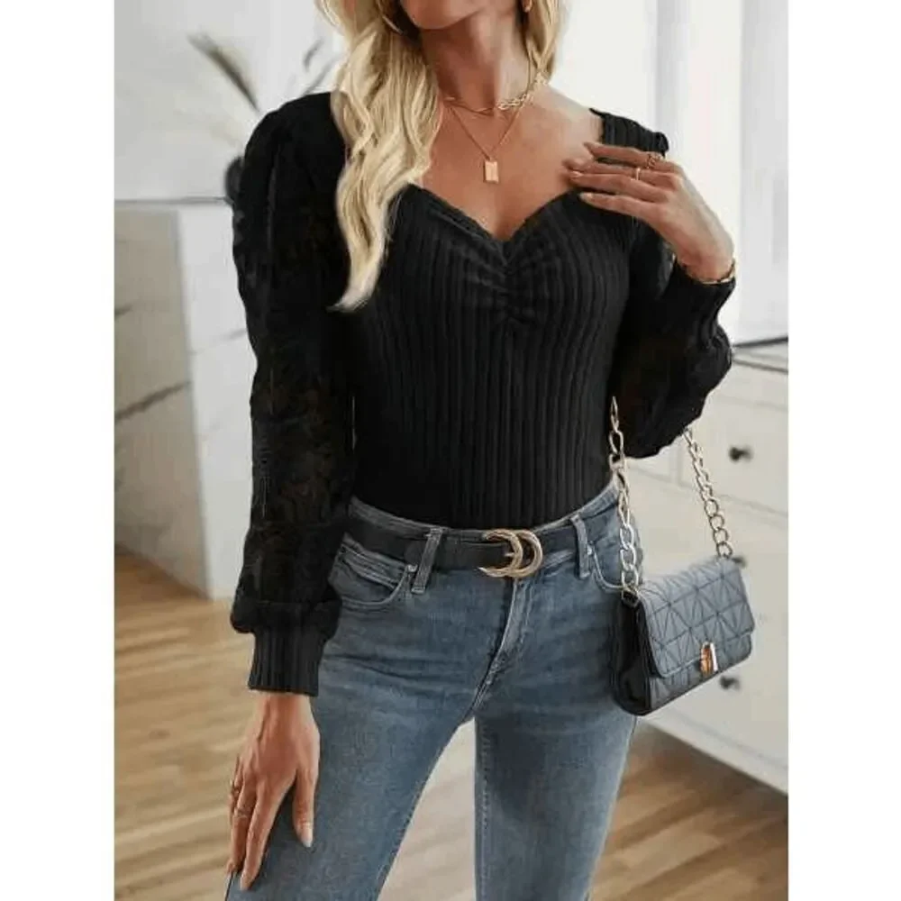Lace Floral Long Sleeve Sweetheart Neckline Blouse Top Shirt